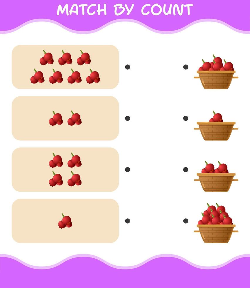 Match by count of cartoon cranberry. Match and count game. Educational game for pre shool years kids and toddlers vector