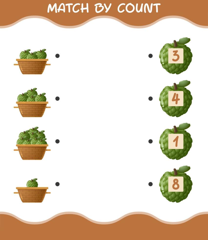 Match by count of cartoon custard apple. Match and count game. Educational game for pre shool years kids and toddlers vector