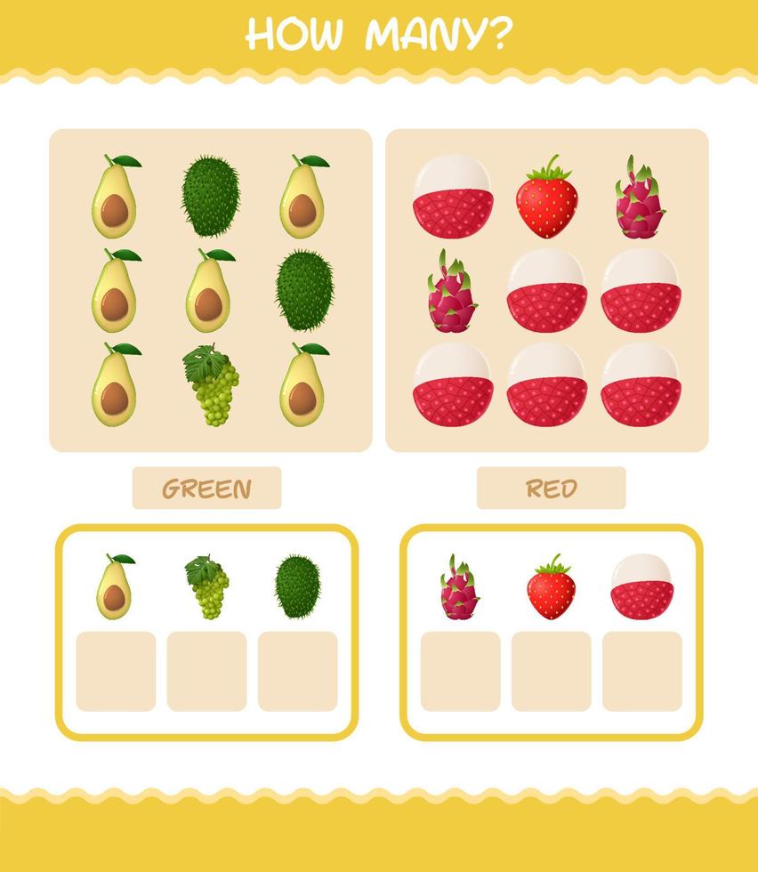 cuántas frutas de dibujos animados. juego de conteo juego educativo para niños y niños pequeños en edad preescolar vector