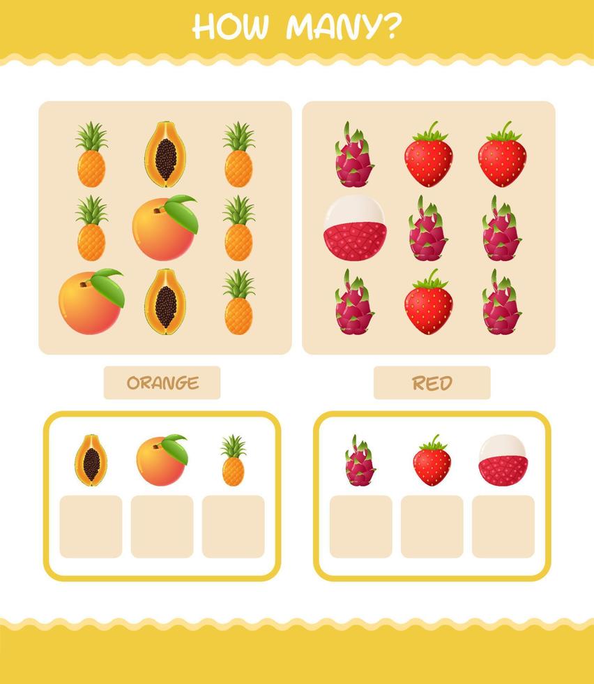 How many cartoon fruits. Counting game. Educational game for pre shool years kids and toddlers vector
