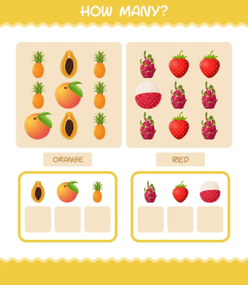 cuántas frutas de dibujos animados. juego de conteo juego educativo para niños y niños pequeños en edad preescolar vector