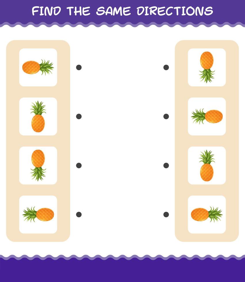 Match the same directions of pineapple. Matching game. Educational game for pre shool years kids and toddlers vector