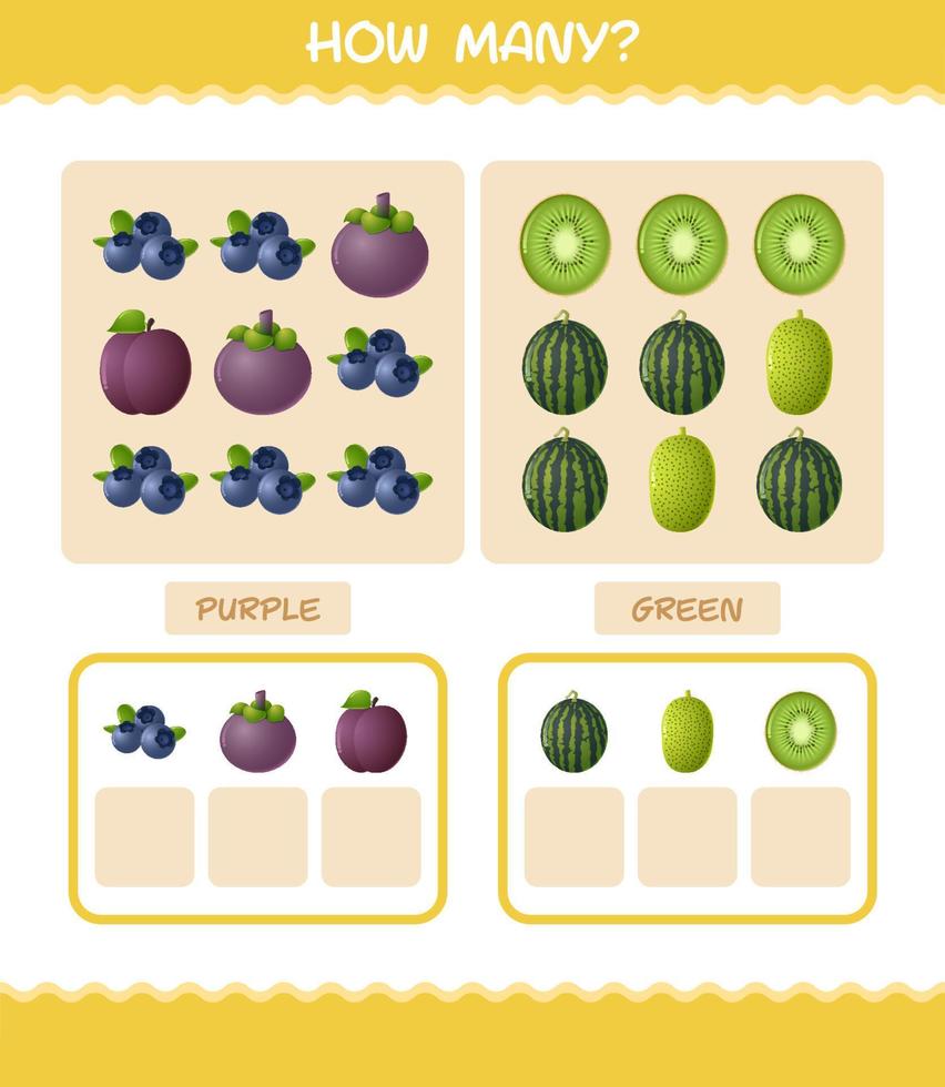 How many cartoon fruits. Counting game. Educational game for pre shool years kids and toddlers vector