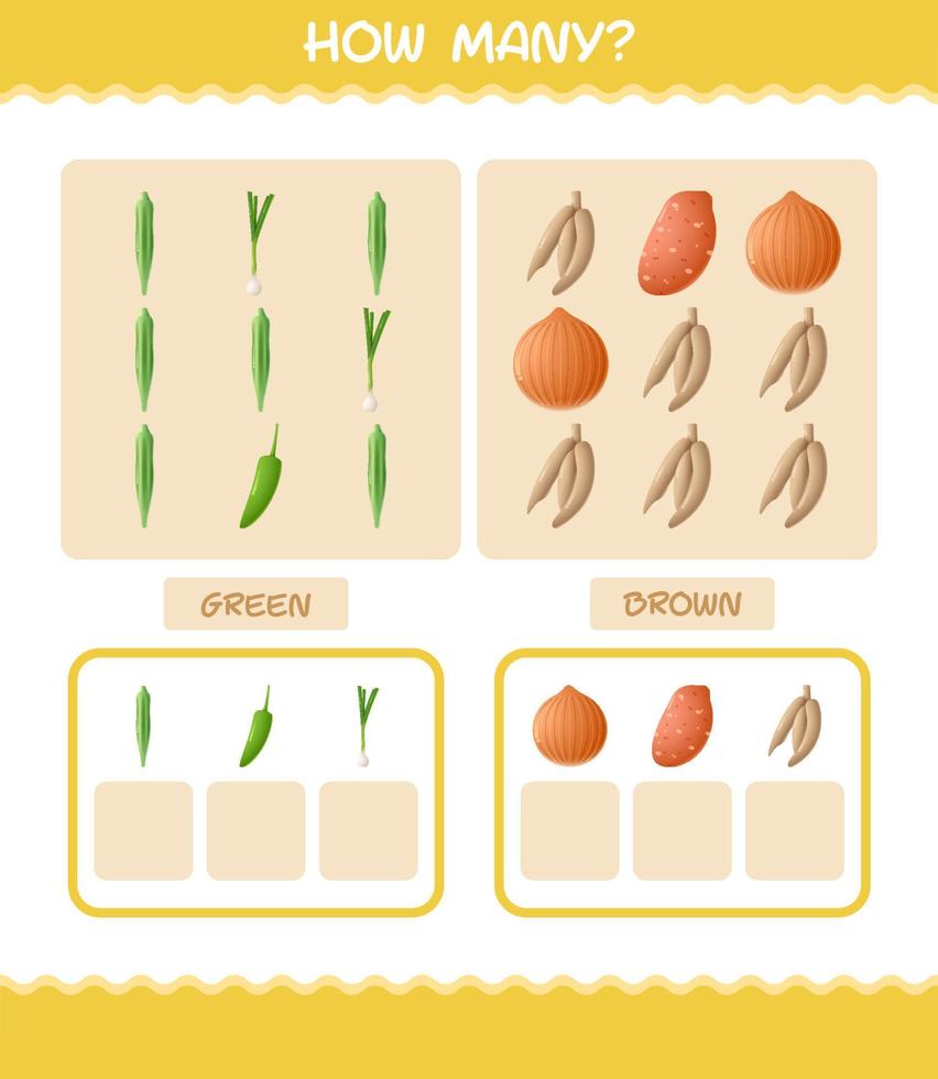 cuántas verduras de dibujos animados. juego de conteo juego educativo para niños de edad preescolar y niños pequeños vector