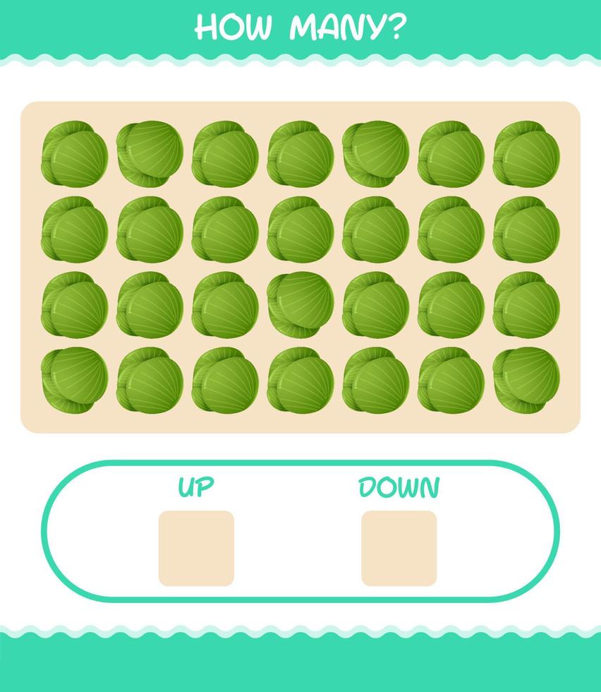 How many cartoon green cabbage. Counting game. Educational game for pre shool years kids and toddlers vector