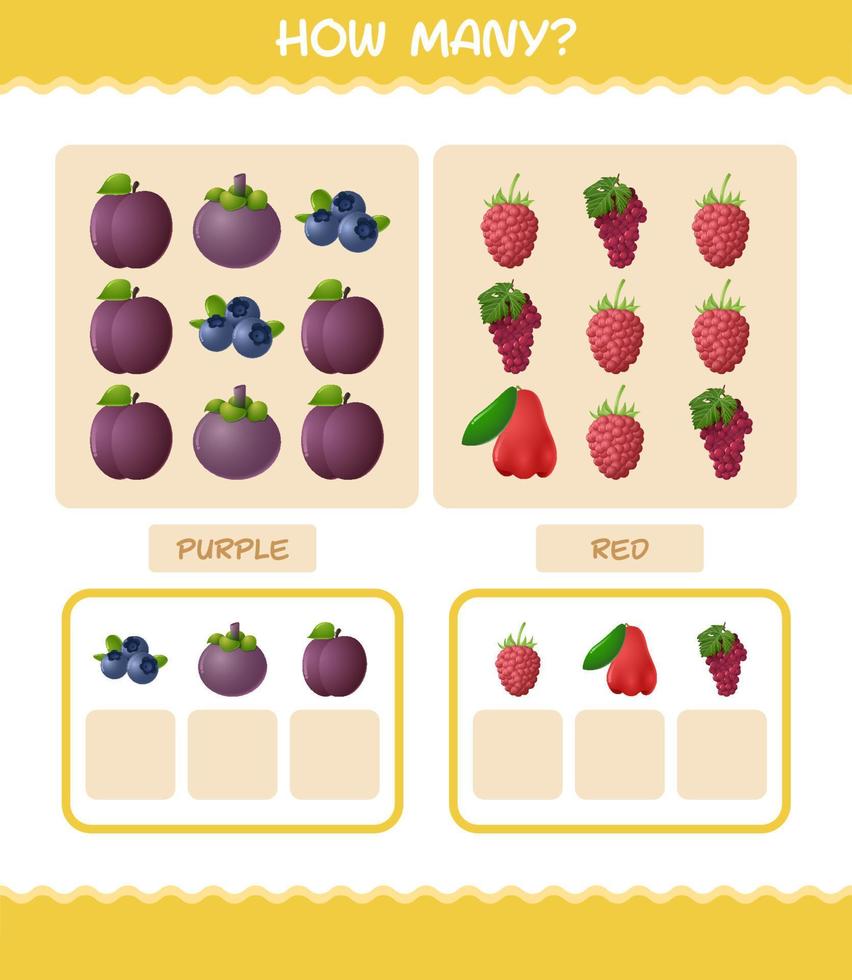 How many cartoon fruits. Counting game. Educational game for pre shool years kids and toddlers vector