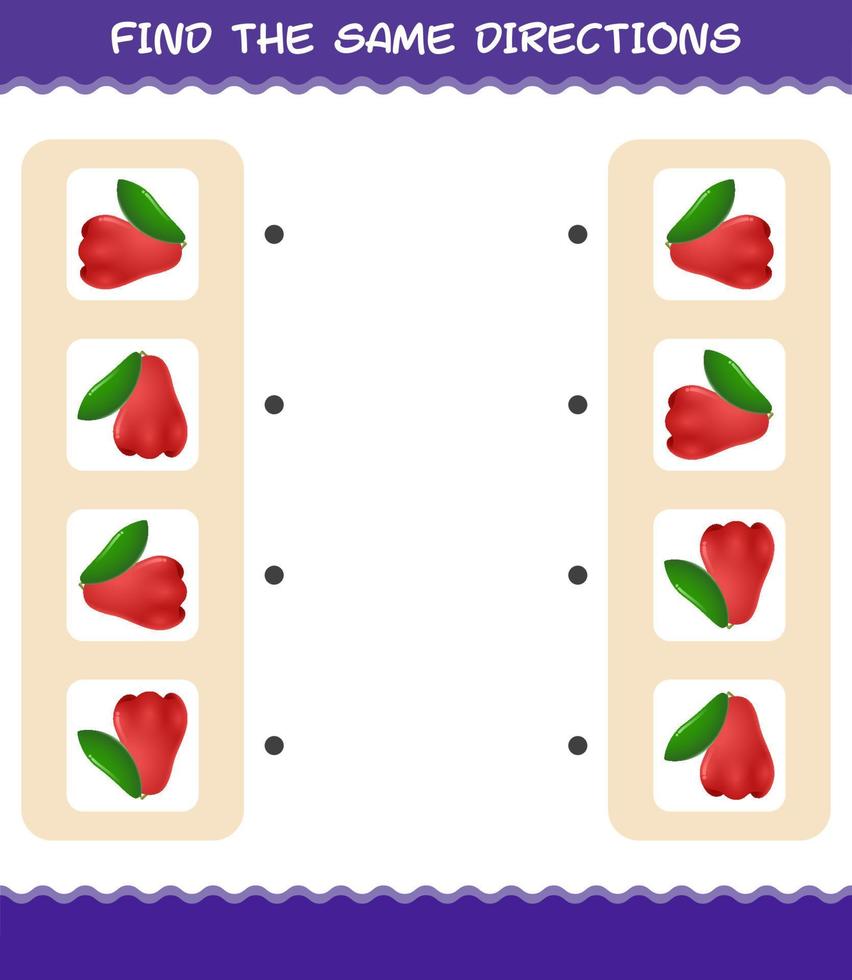 Match the same directions of rose apple. Matching game. Educational game for pre shool years kids and toddlers vector