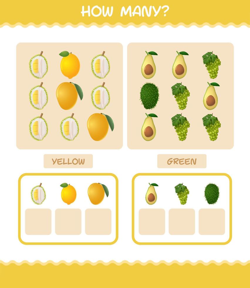 cuántas frutas de dibujos animados. juego de conteo juego educativo para niños y niños pequeños en edad preescolar vector