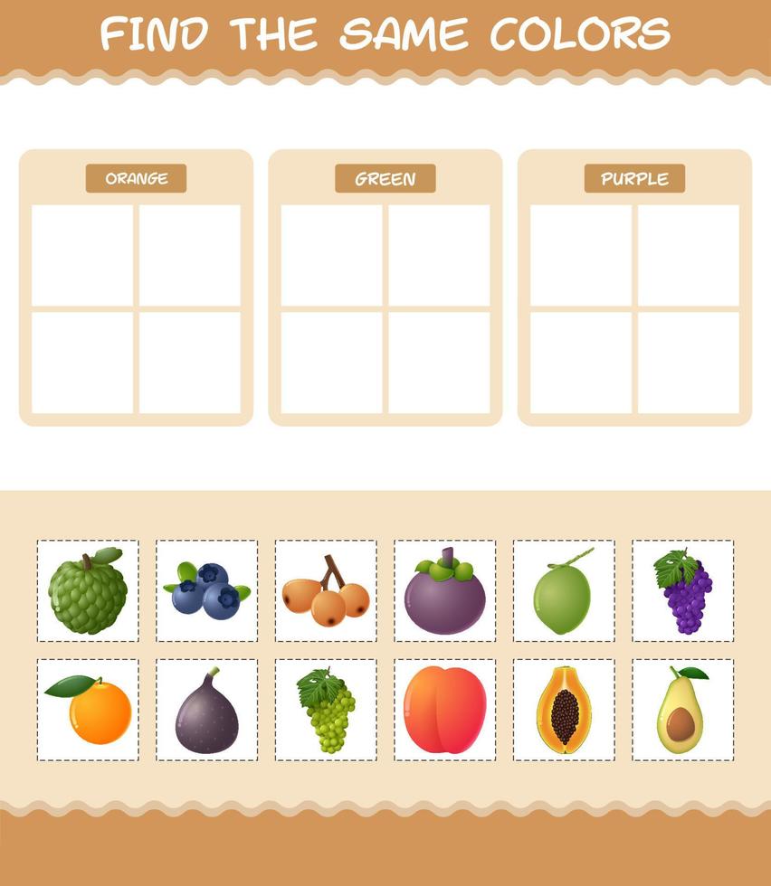 Find the same colors of fruits. Searching and Matching game. Educational game for pre shool years kids and toddlers vector