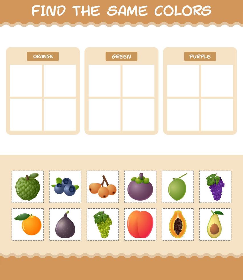 encontrar los mismos colores de las frutas. juego de búsqueda y combinación. juego educativo para niños y niños pequeños en edad preescolar vector