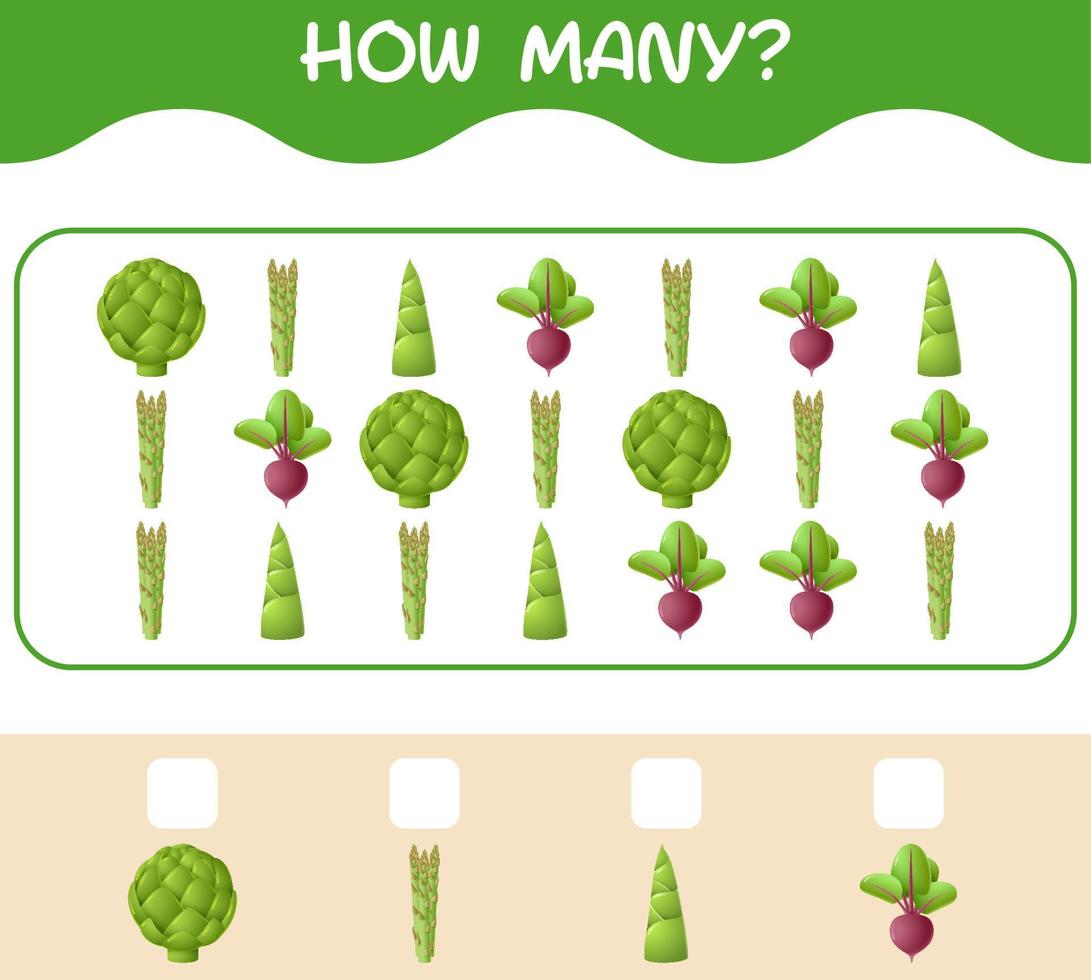 How many cartoon vegetables. Counting game. Educational game for pre shool years kids and toddlers vector