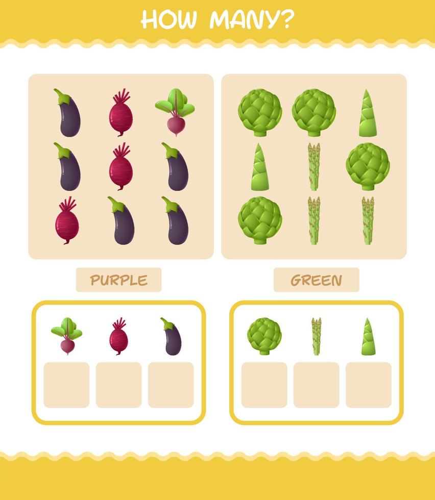 How many cartoon vegetables. Counting game. Educational game for pre shool years kids and toddlers vector