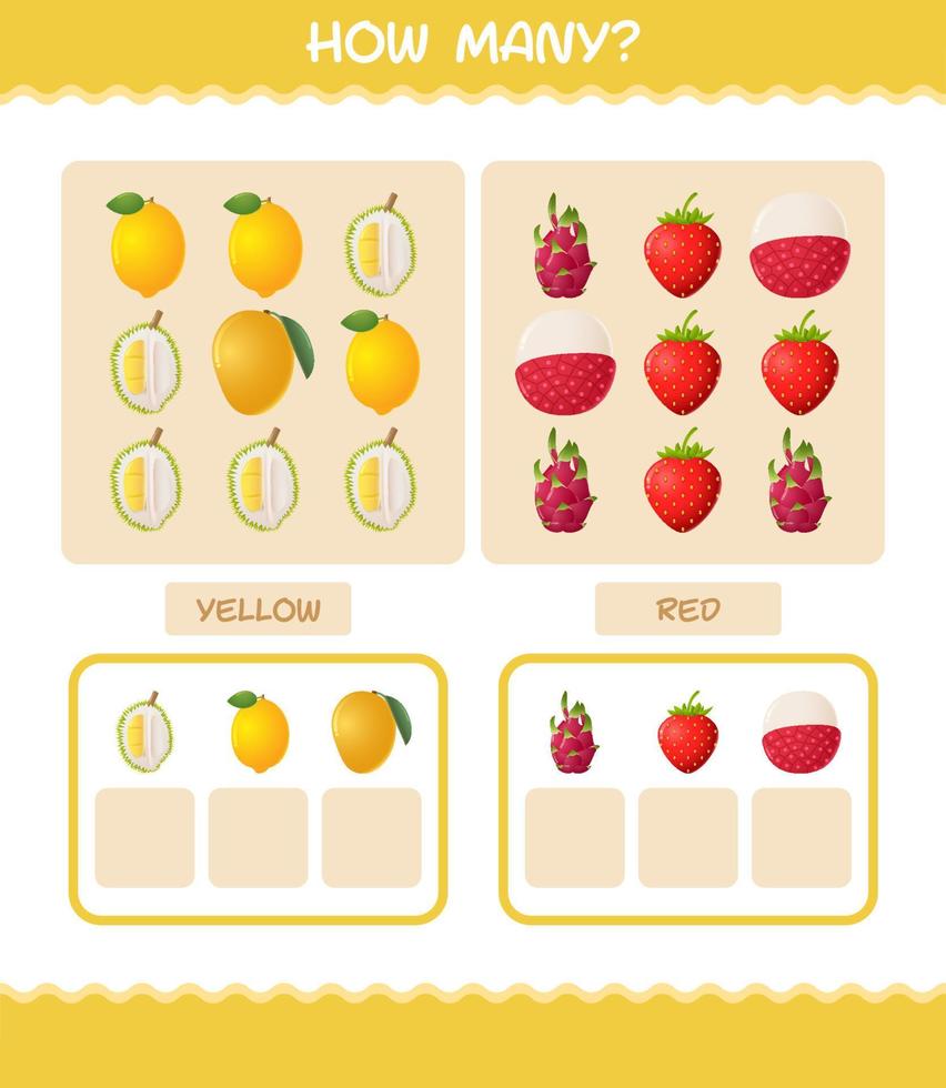 How many cartoon fruits. Counting game. Educational game for pre shool years kids and toddlers vector