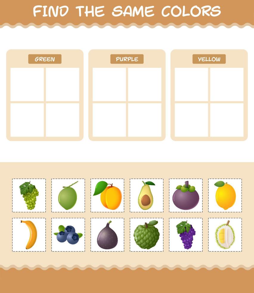 encontrar los mismos colores de las frutas. juego de búsqueda y combinación. juego educativo para niños y niños pequeños en edad preescolar vector