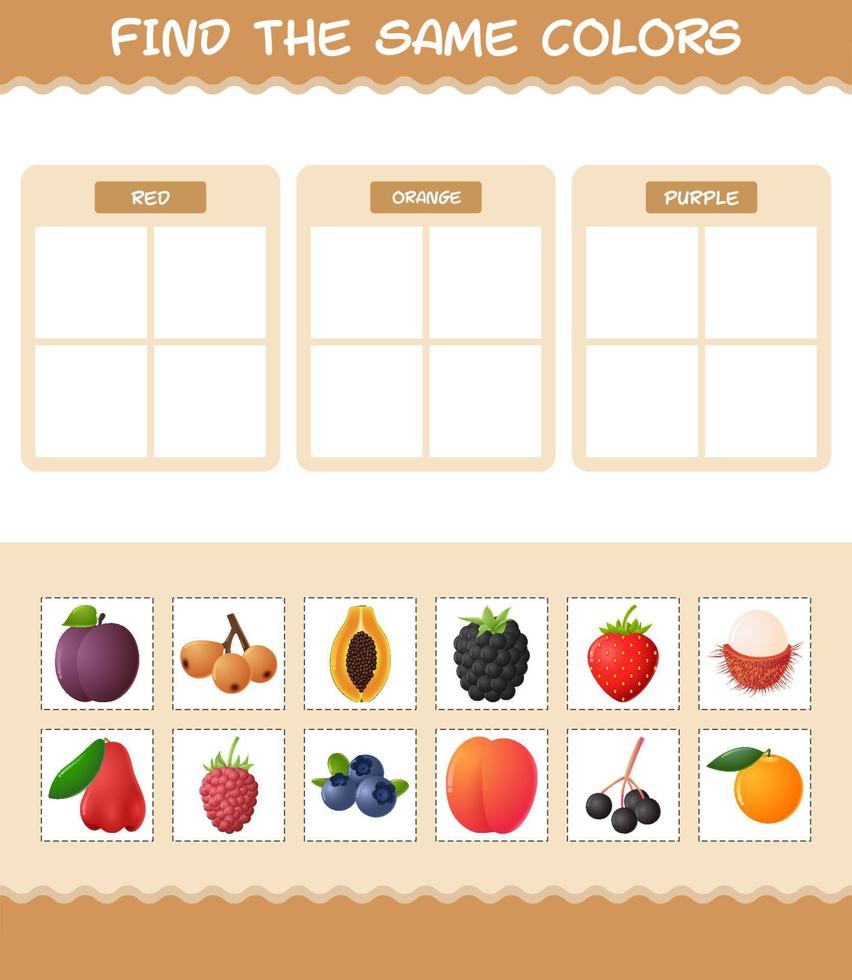 encontrar los mismos colores de las frutas. juego de búsqueda y combinación. juego educativo para niños y niños pequeños en edad preescolar vector