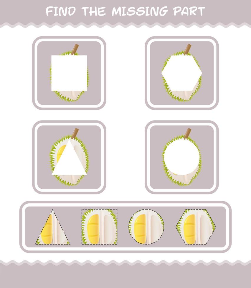 Find the missing parts of cartoon durian. Searching game. Educational game for pre shool years kids and toddlers vector