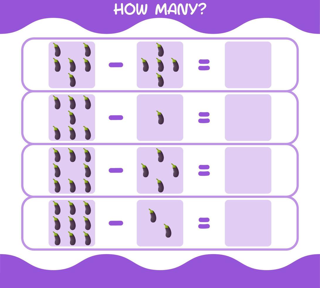 How many cartoon eggplant. Counting game. Educational game for pre shool years kids and toddlers vector