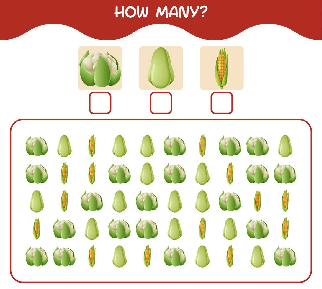 How many cartoon vegetables. Counting game. Educational game for pre shool years kids and toddlers vector