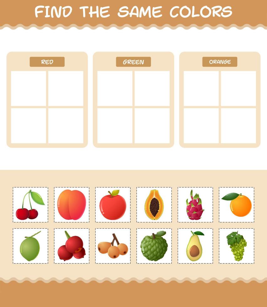 Find the same colors of fruits. Searching and Matching game. Educational game for pre shool years kids and toddlers vector