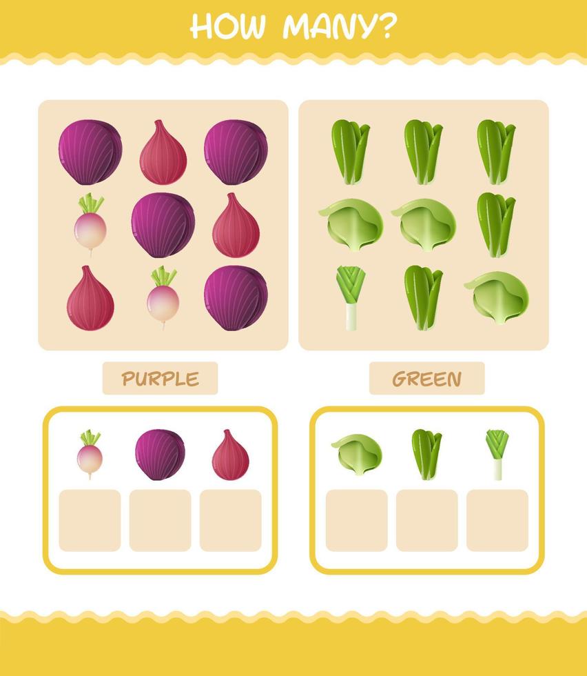 cuántas verduras de dibujos animados. juego de conteo juego educativo para niños de edad preescolar y niños pequeños vector