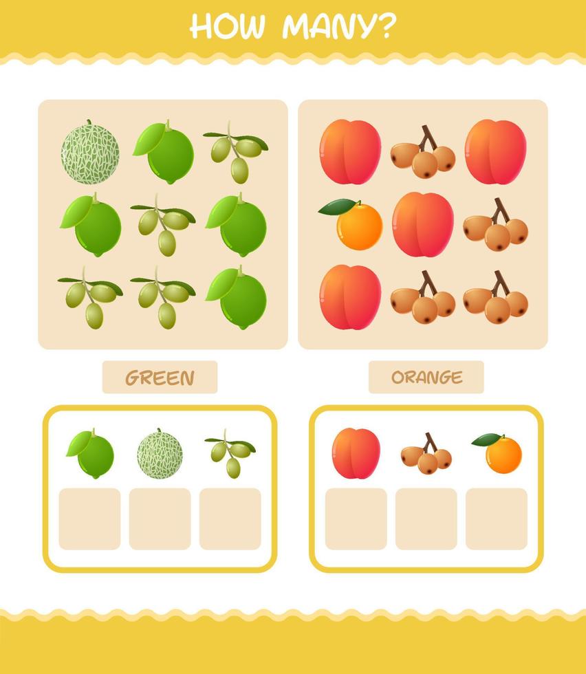 cuántas frutas de dibujos animados. juego de conteo juego educativo para niños y niños pequeños en edad preescolar vector