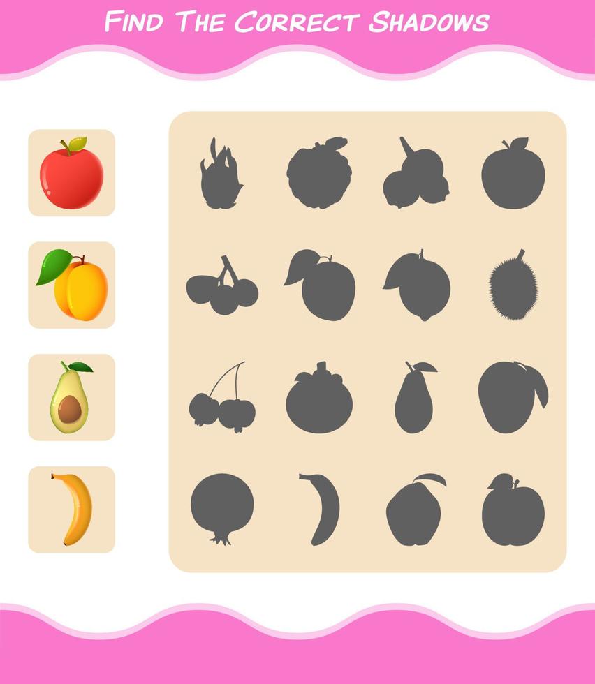 Find the correct shadows of cartoon fruits. Searching and Matching game. Educational game for pre shool years kids and toddlers vector