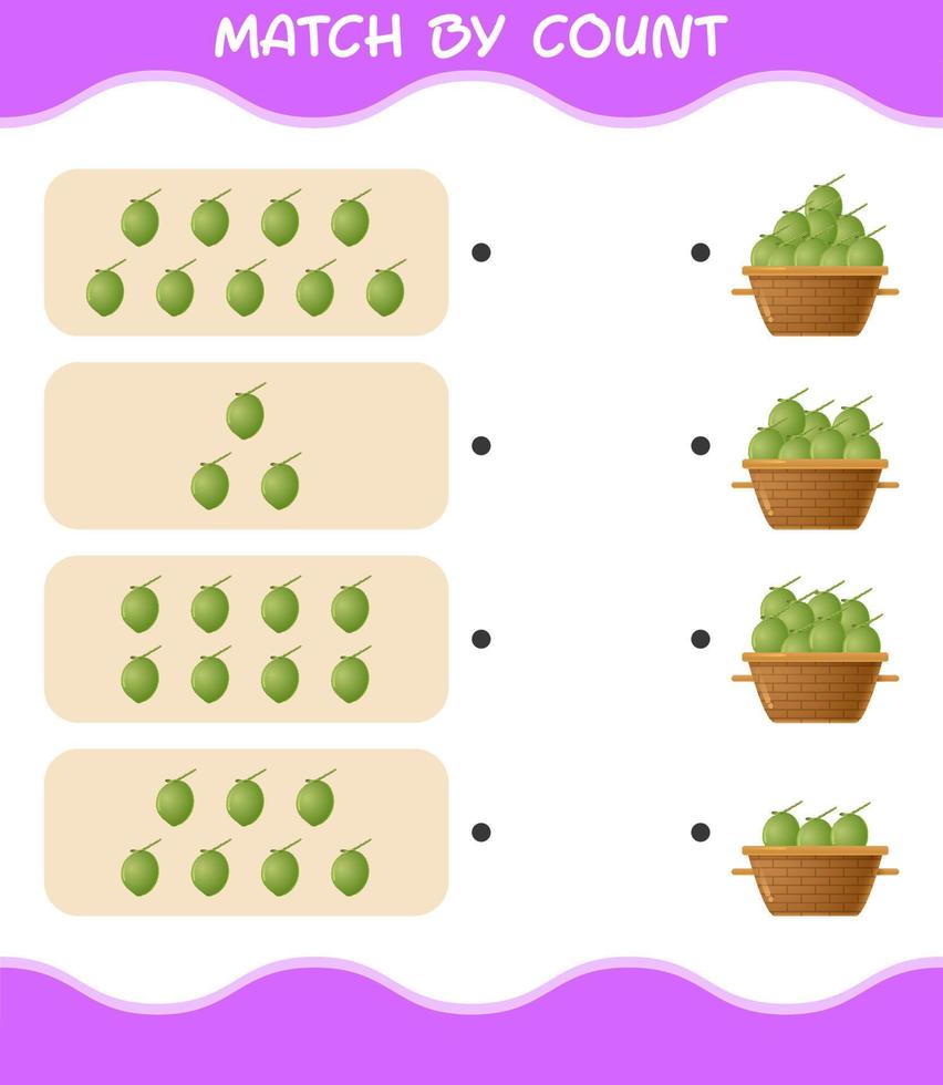 Match by count of cartoon coconut. Match and count game. Educational game for pre shool years kids and toddlers vector