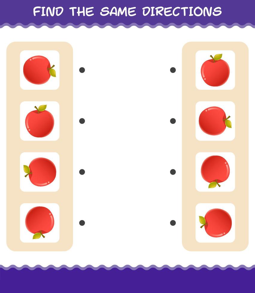 Match the same directions of apple. Matching game. Educational game for pre shool years kids and toddlers vector