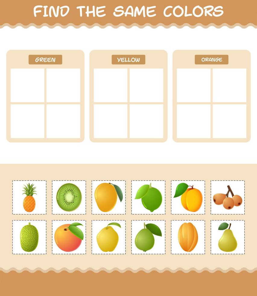 encontrar los mismos colores de las frutas. juego de búsqueda y combinación. juego educativo para niños y niños pequeños en edad preescolar vector