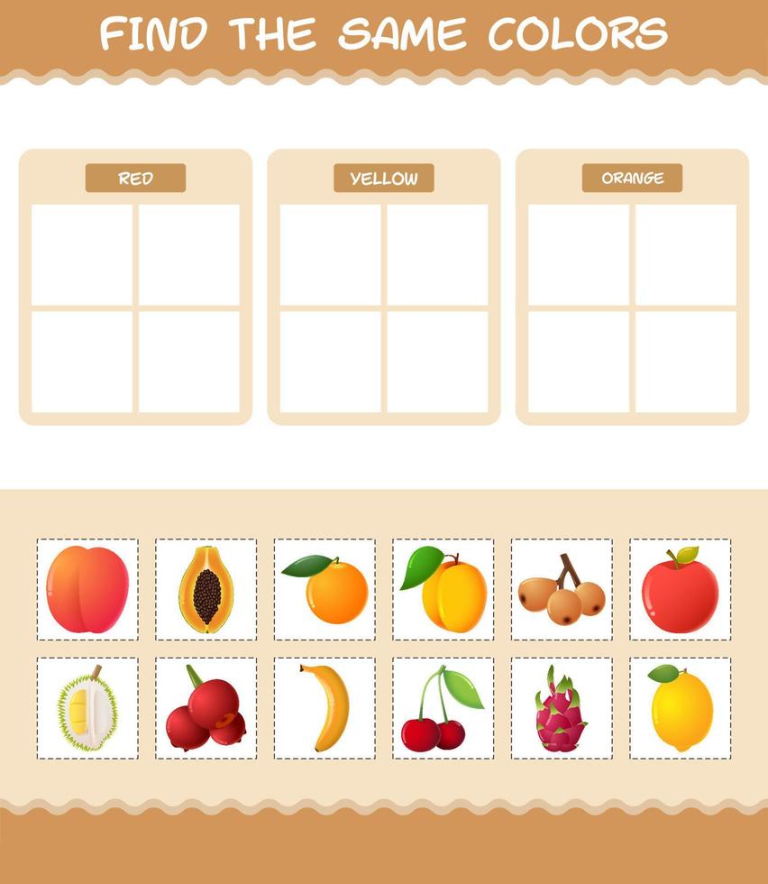 Find the same colors of fruits. Searching and Matching game. Educational game for pre shool years kids and toddlers vector
