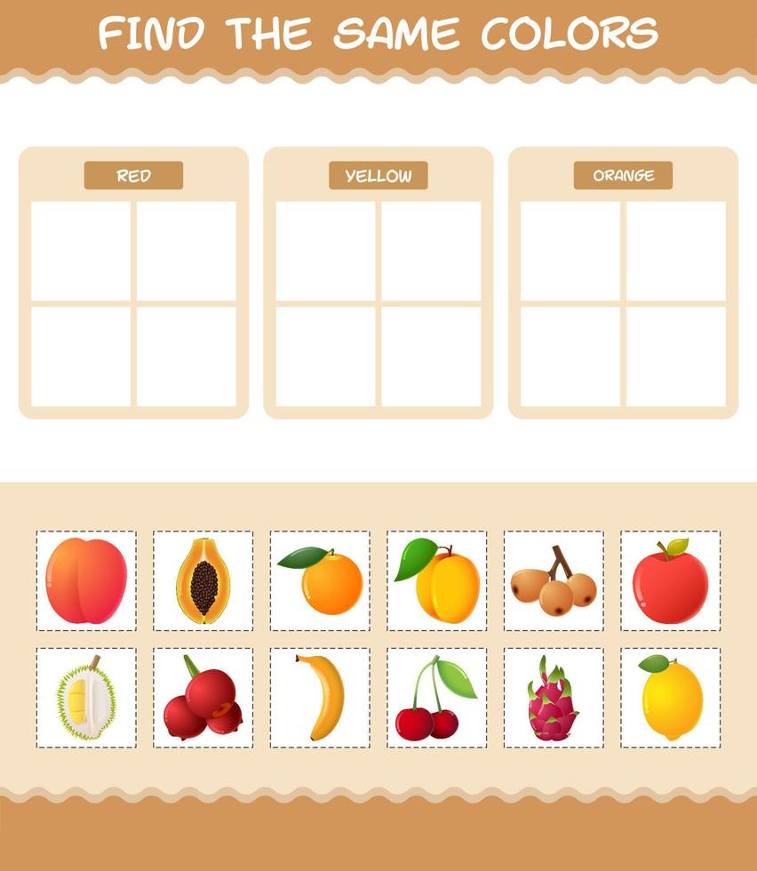 encontrar los mismos colores de las frutas. juego de búsqueda y combinación. juego educativo para niños y niños pequeños en edad preescolar vector