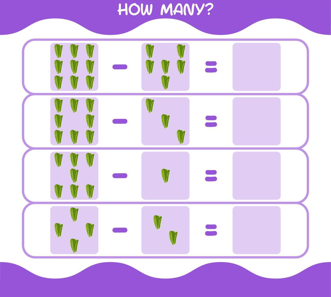 How many cartoon lettuce. Counting game. Educational game for pre shool years kids and toddlers vector