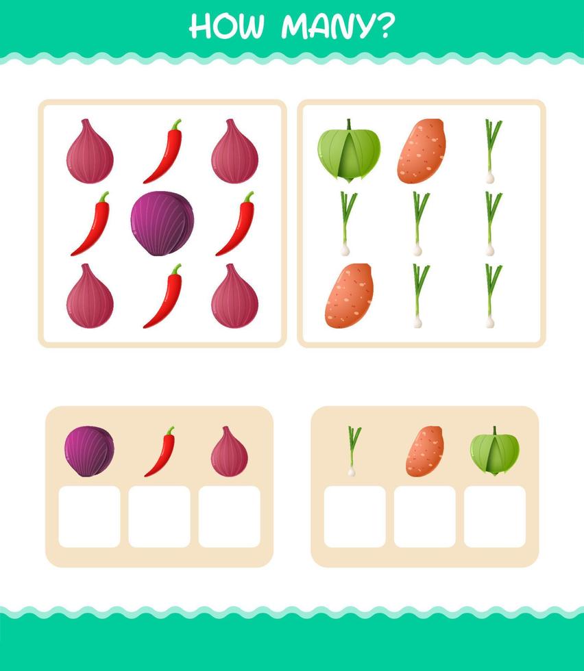 How many cartoon vegetables. Counting game. Educational game for pre shool years kids and toddlers vector