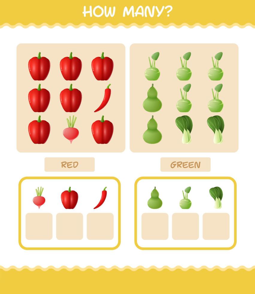 How many cartoon vegetables. Counting game. Educational game for pre shool years kids and toddlers vector