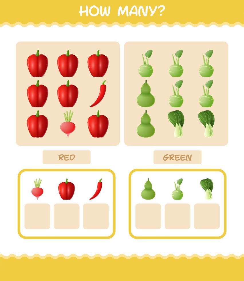 cuántas verduras de dibujos animados. juego de conteo juego educativo para niños de edad preescolar y niños pequeños vector