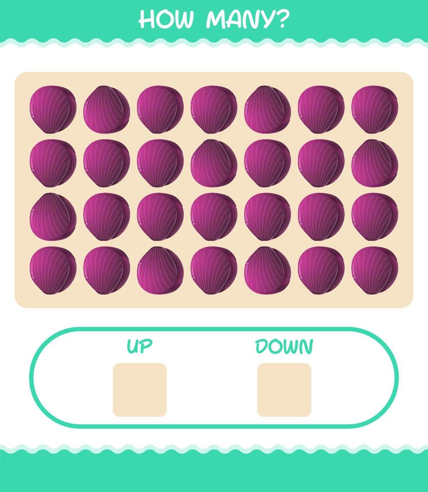 How many cartoon red cabbage. Counting game. Educational game for pre shool years kids and toddlers vector