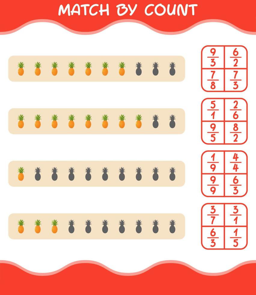 Match by count of cartoon pineapple. Match and count game. Educational game for pre shool years kids and toddlers vector