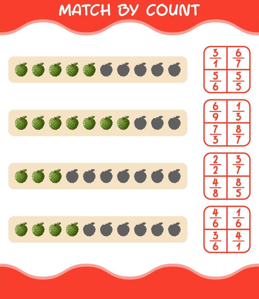 Match by count of cartoon custard apple. Match and count game. Educational game for pre shool years kids and toddlers vector