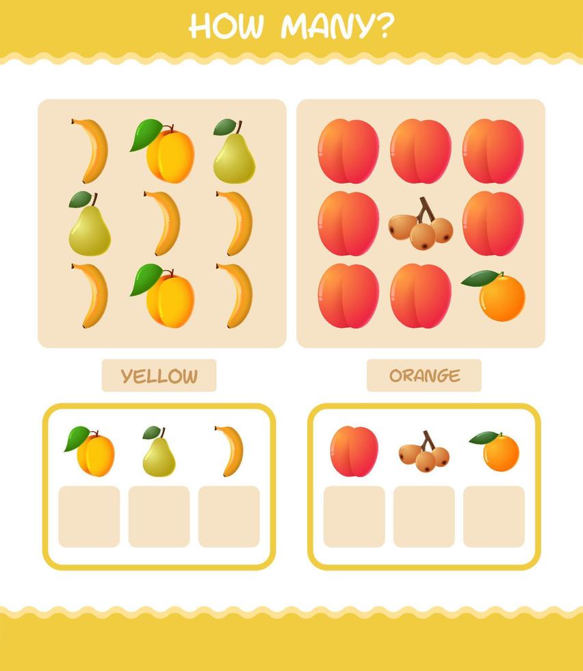 cuántas frutas de dibujos animados. juego de conteo juego educativo para niños y niños pequeños en edad preescolar vector