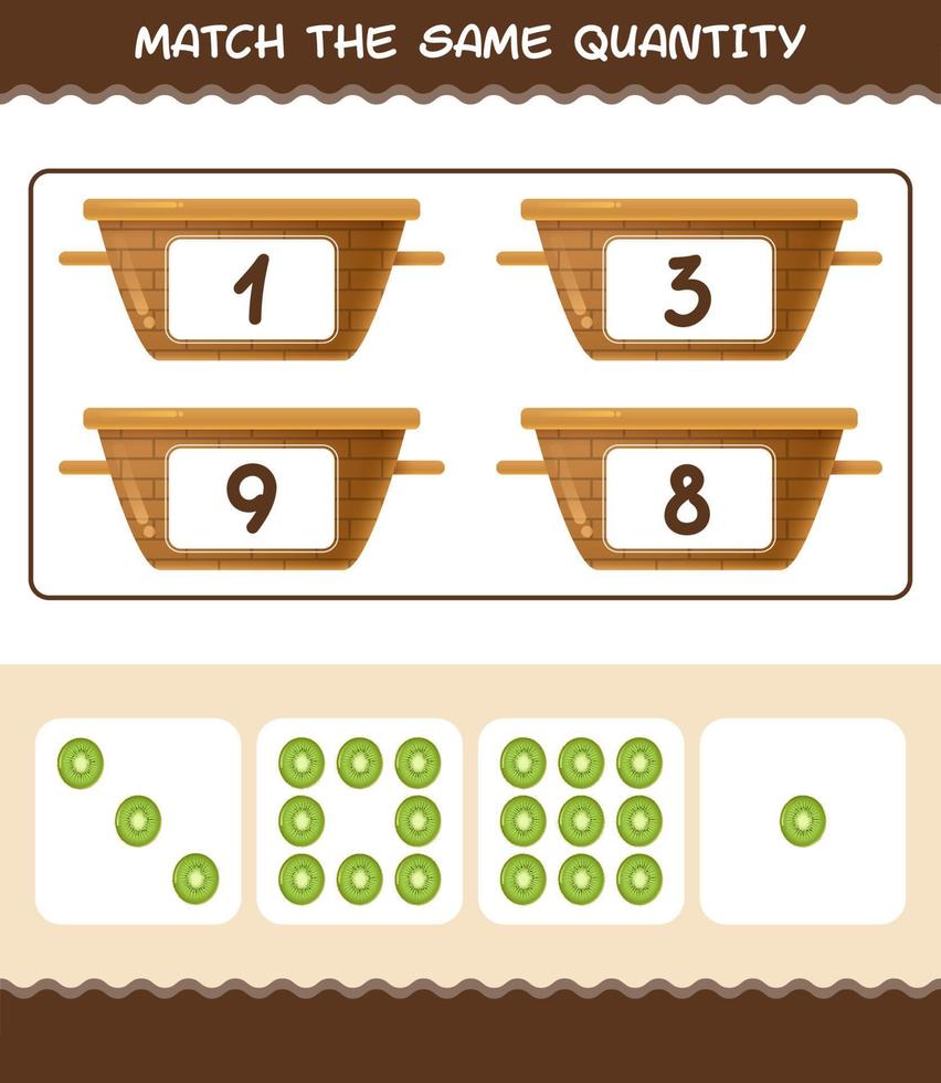 Match the same quantity of kiwi. Counting game. Educational game for pre shool years kids and toddlers vector