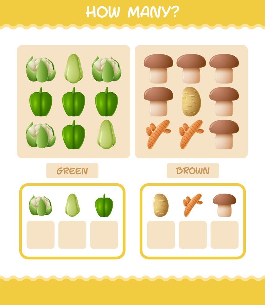 cuántas verduras de dibujos animados. juego de conteo juego educativo para niños de edad preescolar y niños pequeños vector