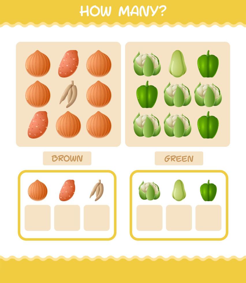 How many cartoon vegetables. Counting game. Educational game for pre shool years kids and toddlers vector