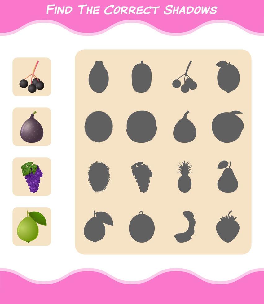 Find the correct shadows of cartoon fruits. Searching and Matching game. Educational game for pre shool years kids and toddlers vector