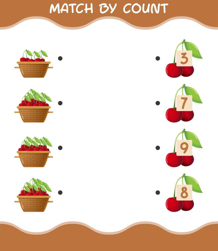 Match by count of cartoon cherry. Match and count game. Educational game for pre shool years kids and toddlers vector