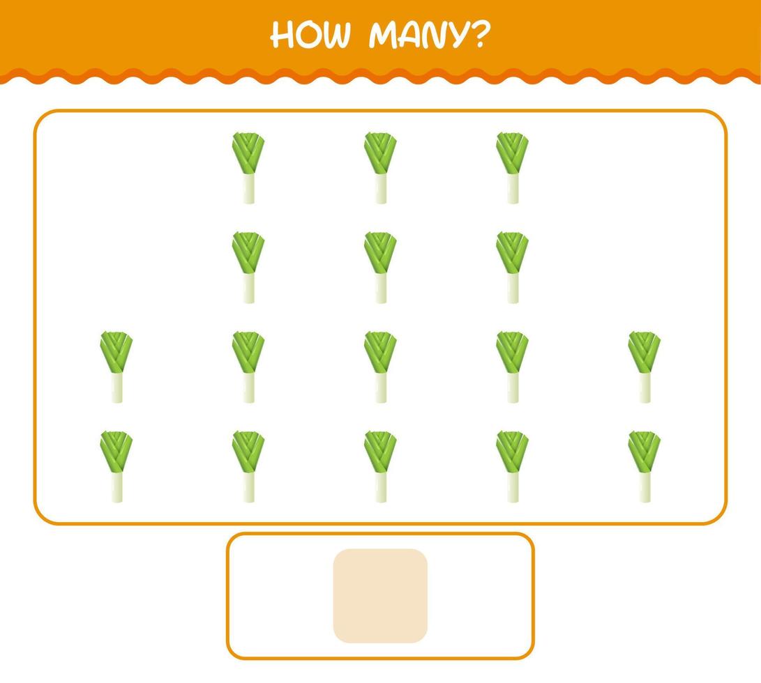 How many cartoon leek. Counting game. Educational game for pre shool years kids and toddlers vector