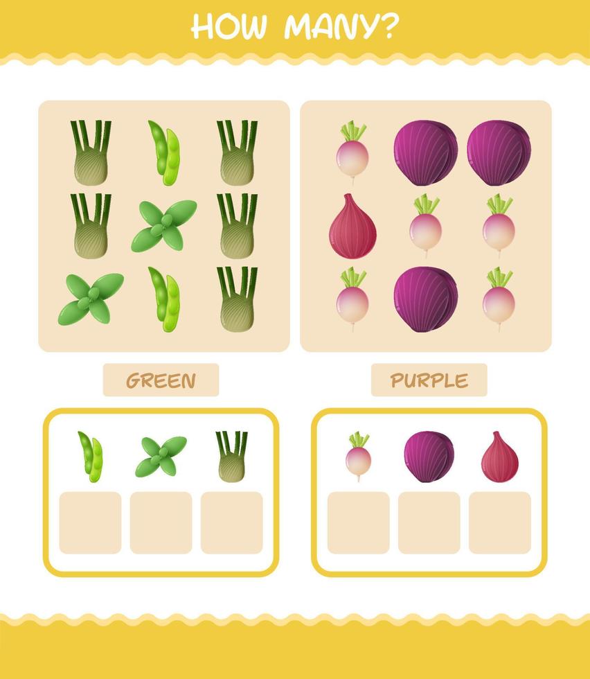 cuántas verduras de dibujos animados. juego de conteo juego educativo para niños de edad preescolar y niños pequeños vector