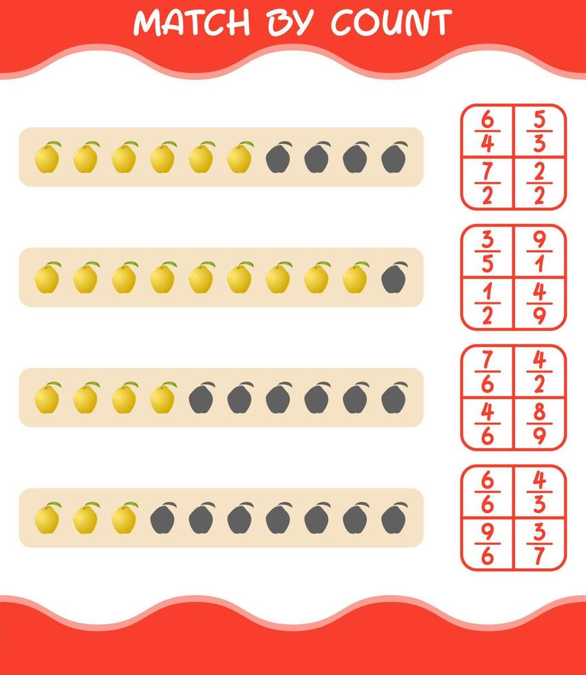 Match by count of cartoon quince. Match and count game. Educational game for pre shool years kids and toddlers vector