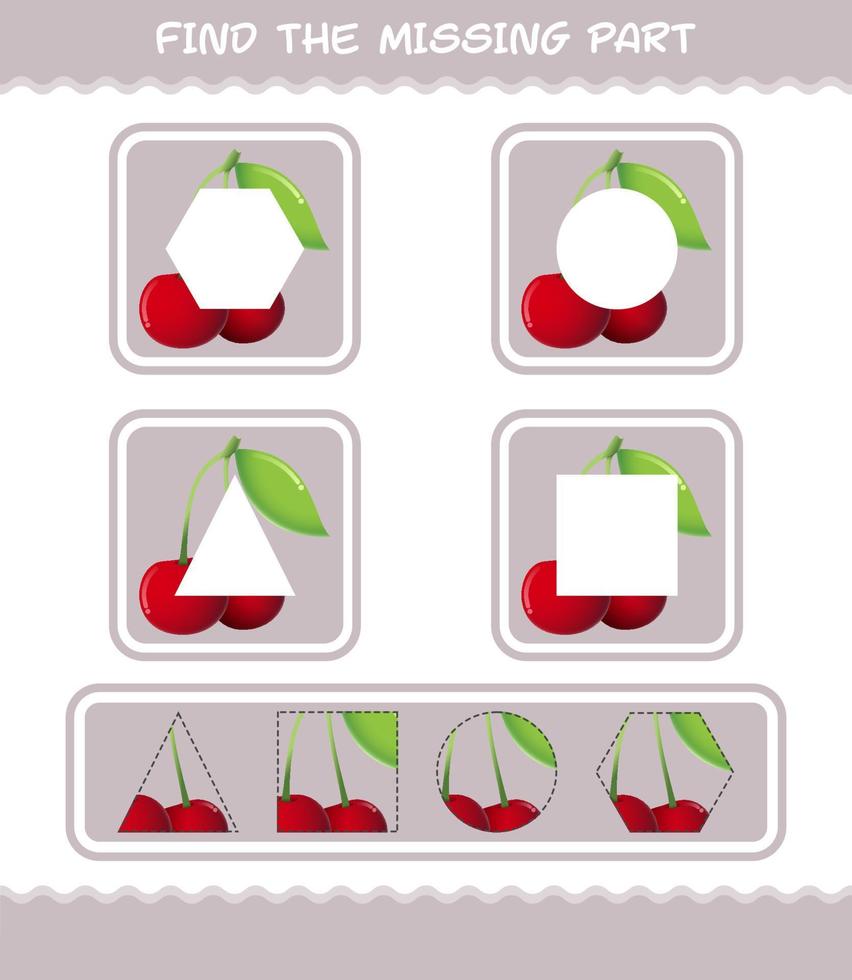 Find the missing parts of cartoon cherry. Searching game. Educational game for pre shool years kids and toddlers vector