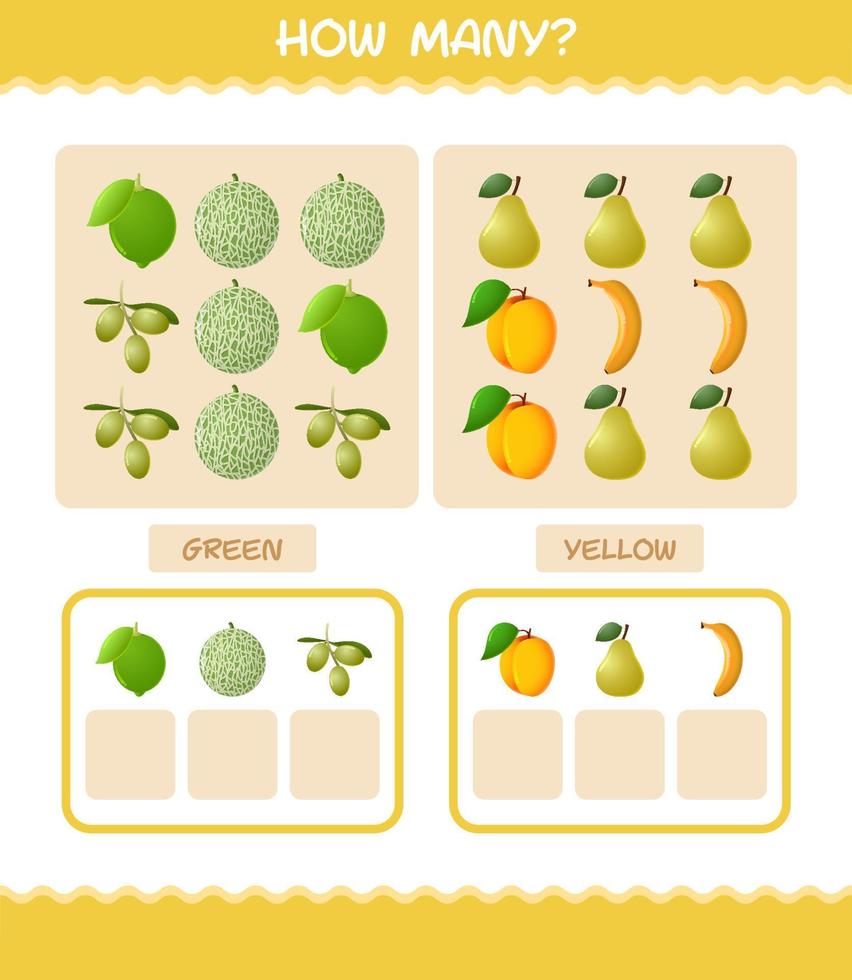 cuántas frutas de dibujos animados. juego de conteo juego educativo para niños y niños pequeños en edad preescolar vector