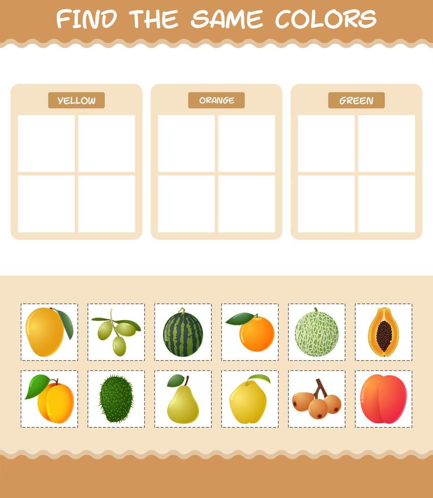 Find the same colors of fruits. Searching and Matching game. Educational game for pre shool years kids and toddlers vector